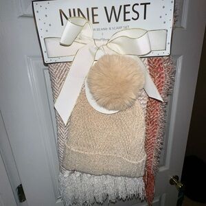 Nine West Tan and Cream Beanie & Scarf Set